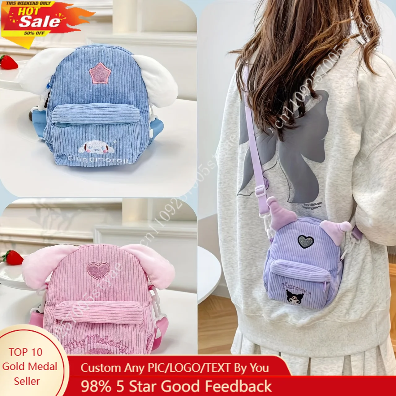 

Sanrio Kuromi Corduroy Crossbody Bag with Adjustable Strap Lightweight Durable Fabric Zipper Closure Cute Cartoon