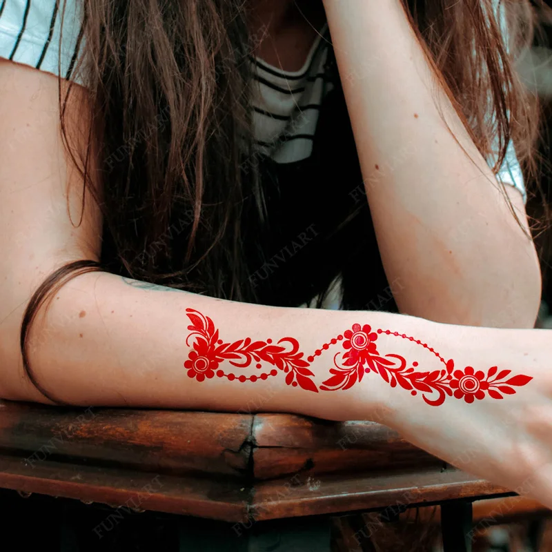 New Design Red Henna Tattoo Stickers for Hand Foot Flower Temporary Tattoos for Woomen Wedding Party Fake Tattoo Waterproof