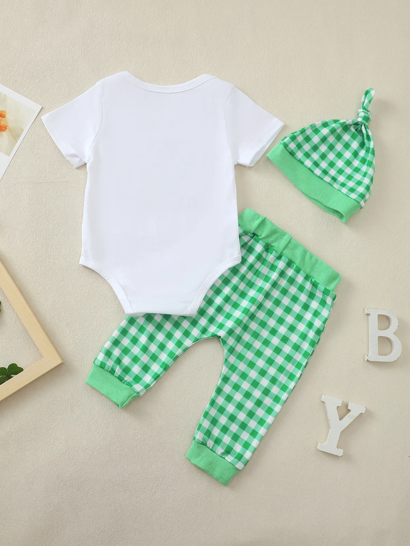 Baby Toddler Summer Lucky Grass Towel Embroidered Pattern Short Sleeve Romper Suit with Hat Three Piece Set for Infants