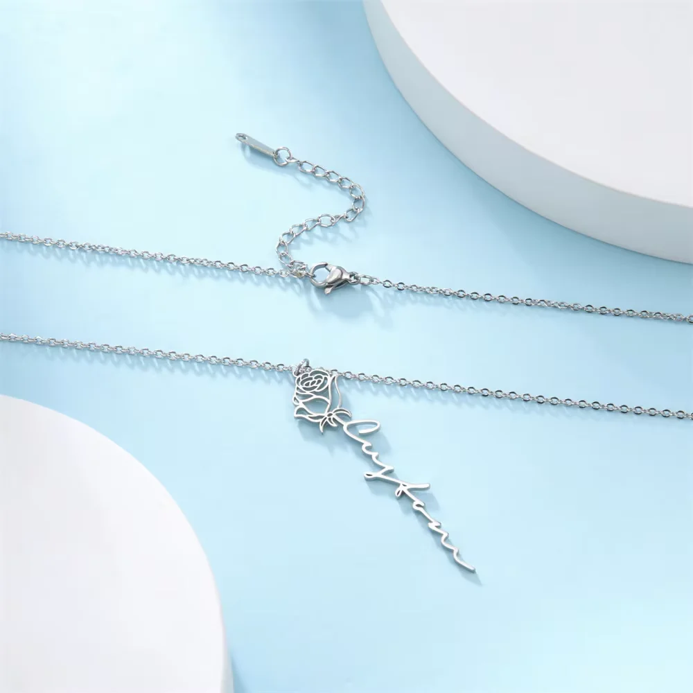 Lemegeton Birth Flower Name Necklace Custom Lily Rose Daisy Pendant Personalized Women Stainless Steel Jewelry Birthday Gifts