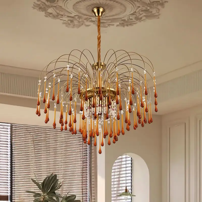 

French retro water droplet crystal lamp, living room pendant light, grand luxury room, dining room lighting fixtures