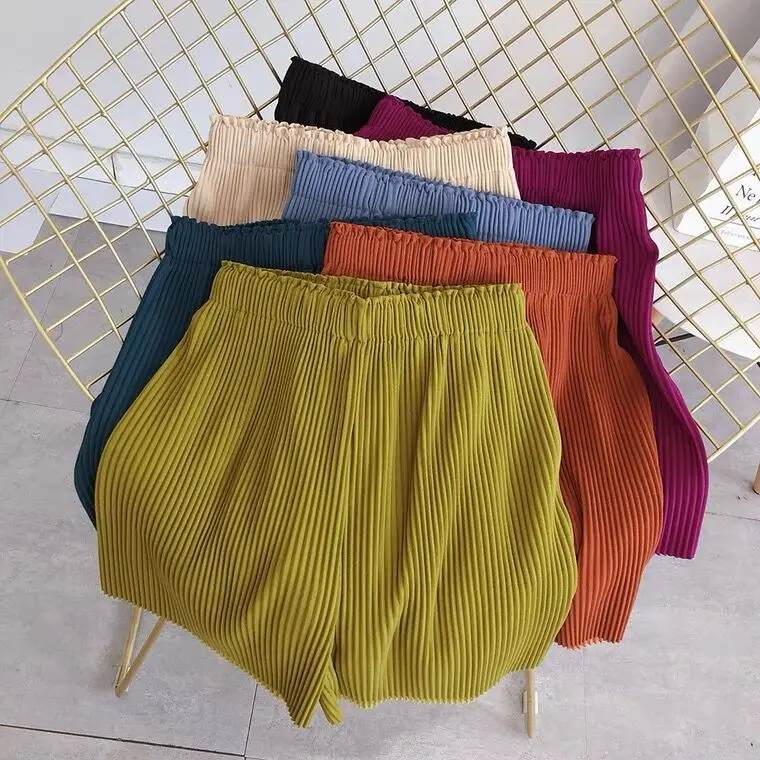 

Summer candy color Bohemia Shorts Fashion Korean pleated short pants wide leg Sweatpants high waist shorts