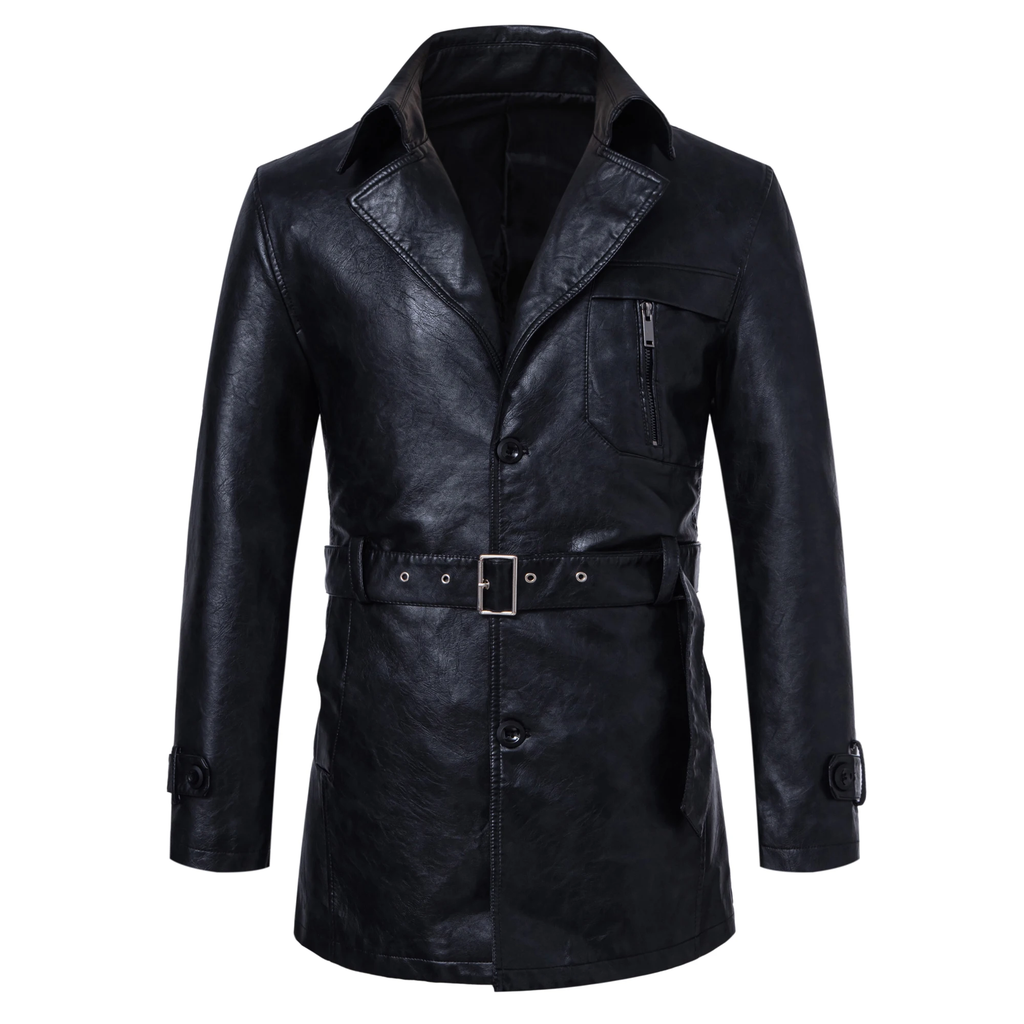 

Men's long mixed leather jacket with buttons, waist belt detailing, solid color lapel, punk-style biker coat.