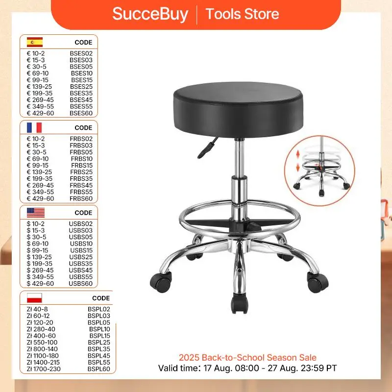 VEVOR Taburete Redondo de Altura Ajustable de 55-71 cm Carga de 204kg, Taburete de Trabajo con Reposapiés, Taburete redondo Giratoria Ergonómica de Cuero de PU para Salón Spa Clínica de Masaje, Negro