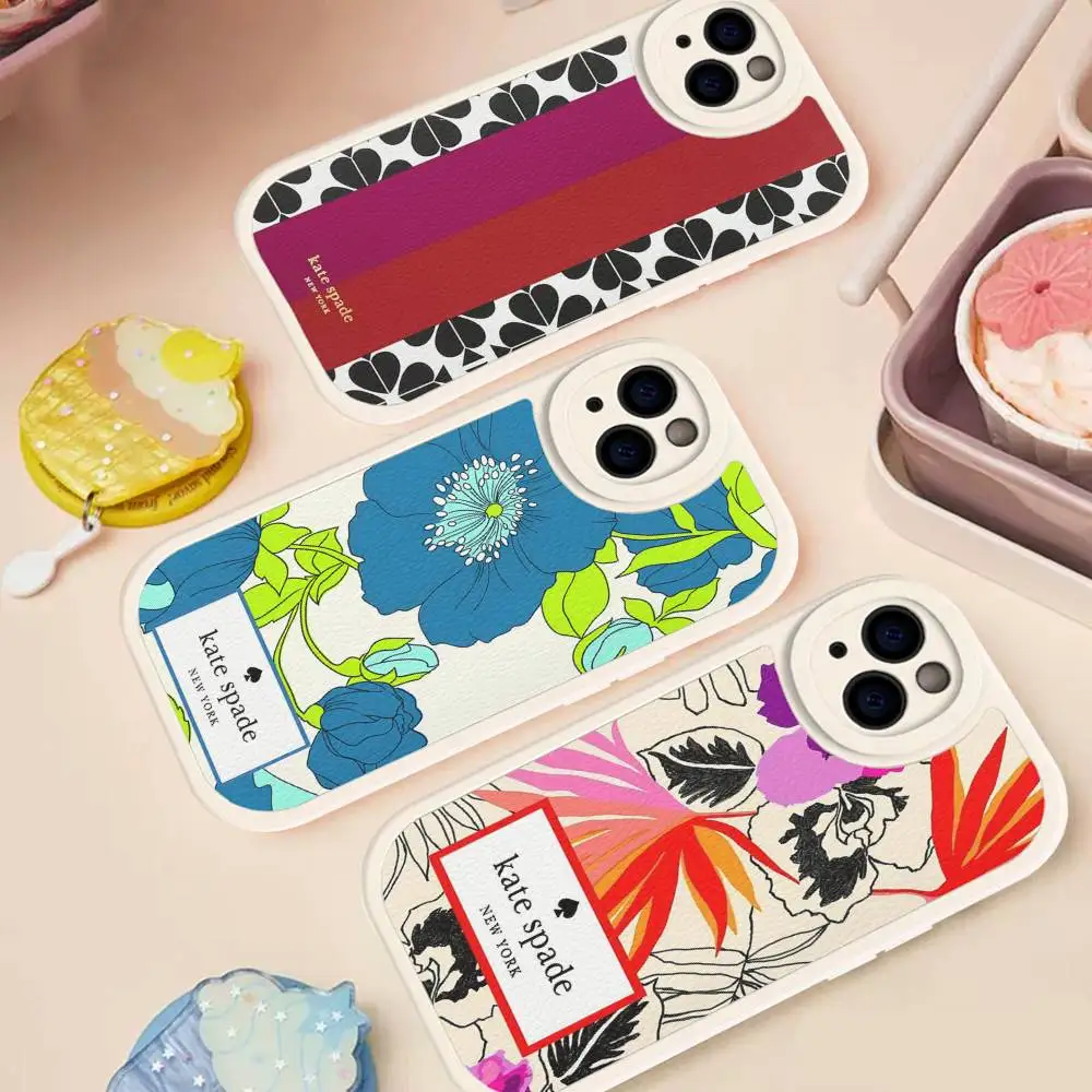 K-Kate S-Spade Flower Phone Case For iPhone 16 15 14 13 12 11 Pro Max Plus Leather Soft Cover