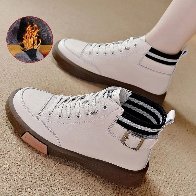 Genuine Leather Sneakers Spring High-top Casual Shoes Autumn First Layer Cowhide Ladies High Top Vulcanized  Women E847