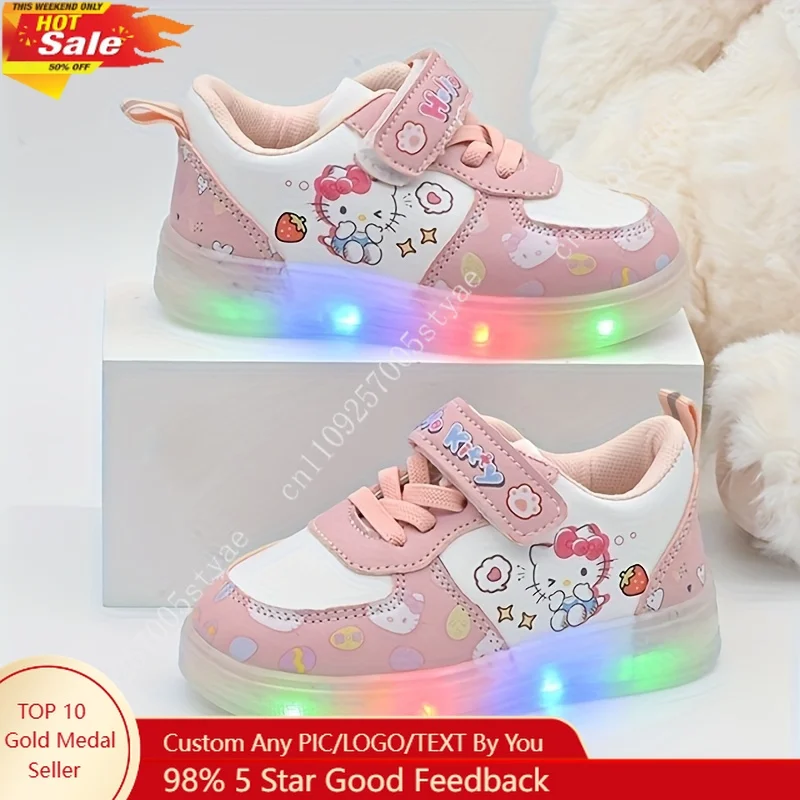 

HELLO KITTY Cartoon Casual Shoes for Girls with Lights Flat Princess Sneakers Suitable for Girls Comfortable and Soft
