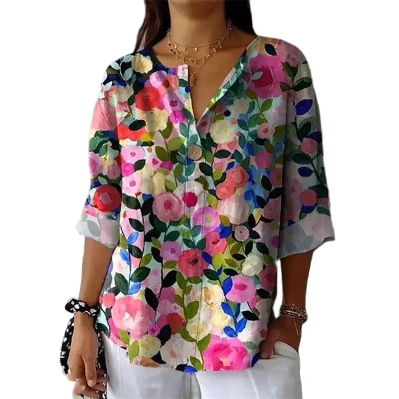 

Women Button Decoration Pullover Shirt Elegant Flower Print Blouse Female Casual Half-split Collar Nine-quarter Sleeve Tops 2024
