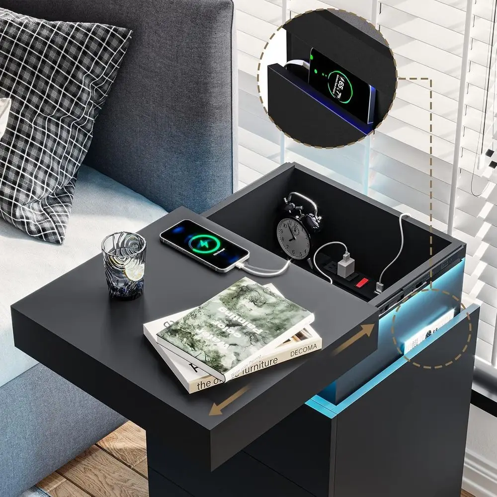 LED-lit Charging Station Nightstand with Sliding Top and Drawers in Modern Black image 3