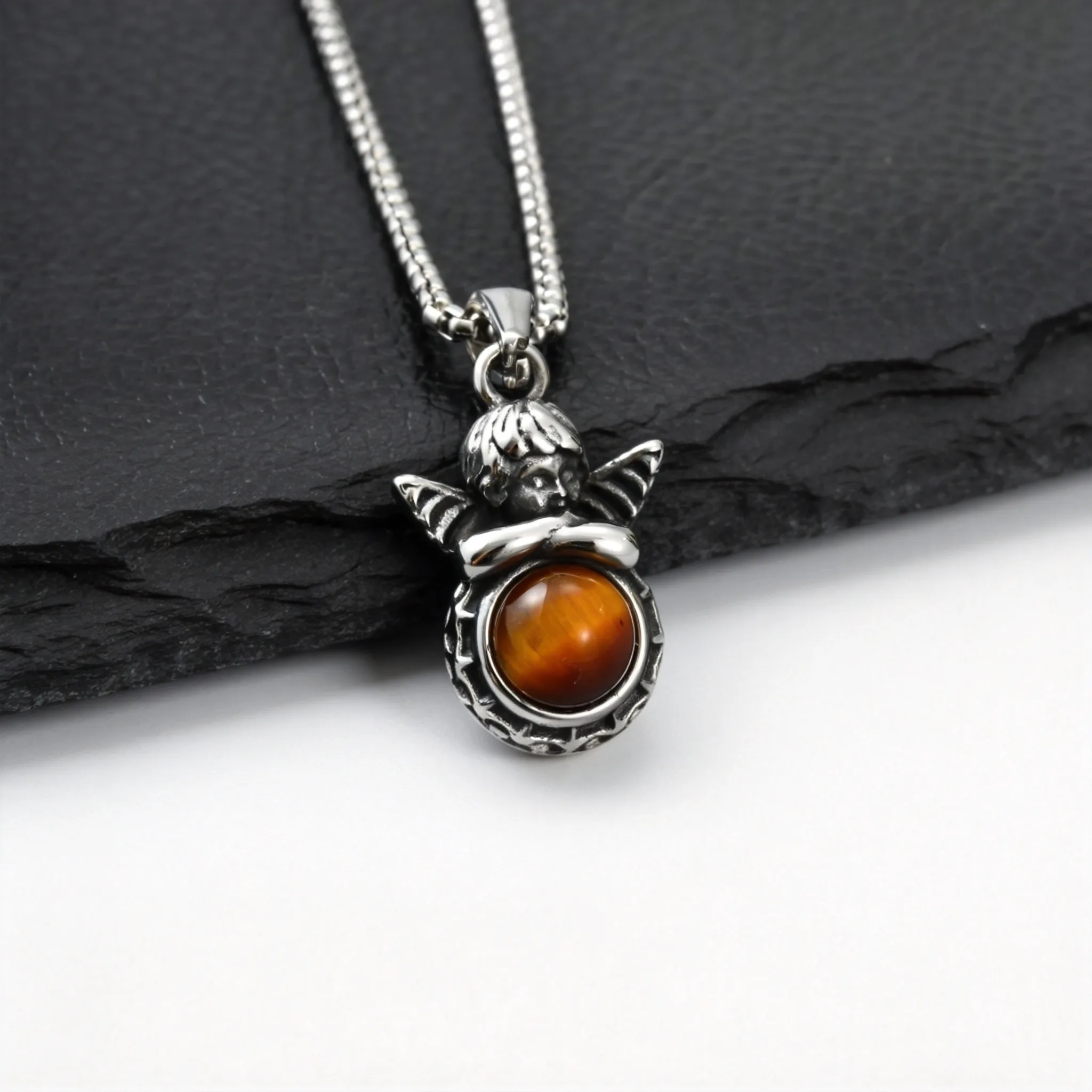 Halskette mit kleinem Engel-Anhänger für Männer und Jungen, Halskette mit rundem Naturstein-Anhänger aus Edelstahl, trendiger, lässiger Schmuck – Detail 8