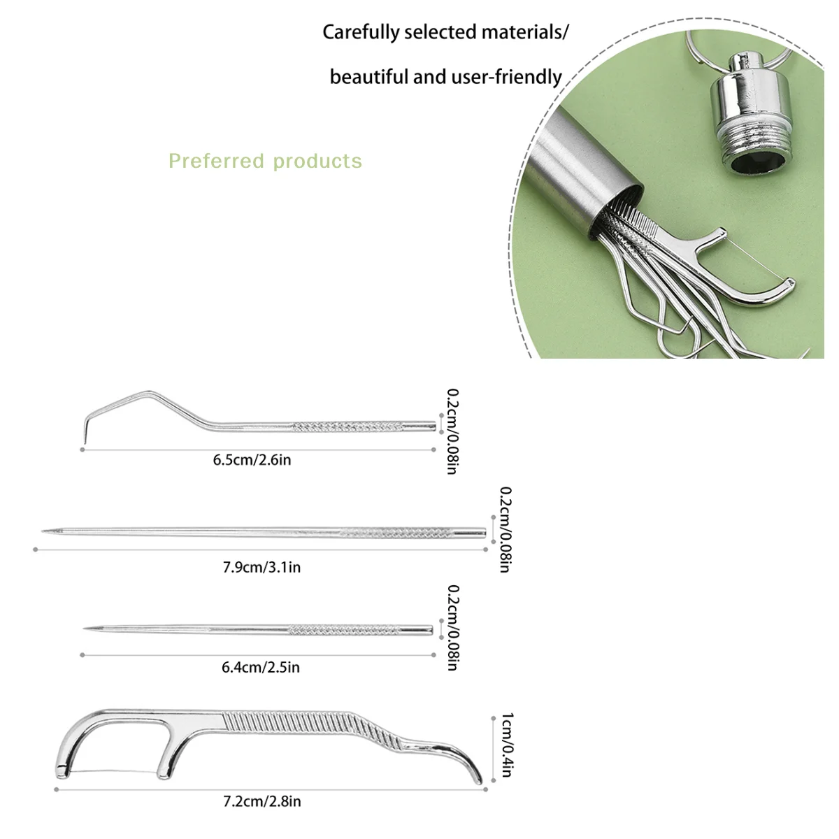 Mundhygiene-Toolkit mit sieben Zahnstochern aus Edelstahl, Zahnseide-Picks und Zahnfleckenentferner