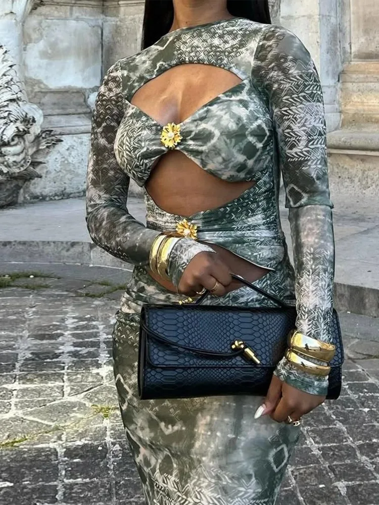 Leosoxs-vestido Sexy con estampado colorido para mujer, hebilla de Metal hueca, manga larga, tendencia de otoño, ropa de calle de noche, ceñido largo elástico