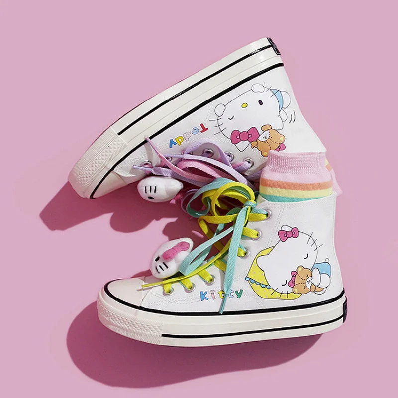 Cartoon Sanrio Hello Kitty high-top canvas shoes children's casual sports shoes cute non-slip versatile women's vulcanized shoes