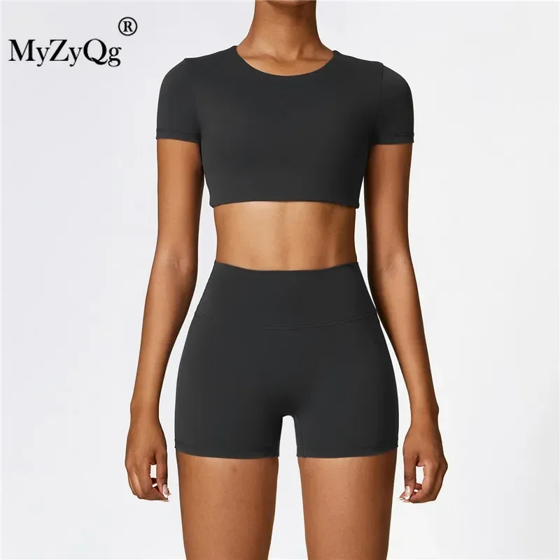 MyZyQg Women's Yoga Sets High Intensity Tight Short Sleeve T-shirt Outside Leisure Sports Pilate Running Fitness Shorts Suit