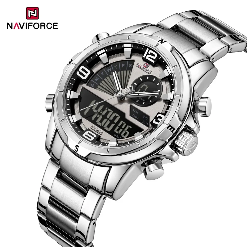 NAVIFORCE Men's Stainless Steel Watchband LED luminous Mode 3ATM waterproof Watch Multifunctional Double-Display Watch Date Gift