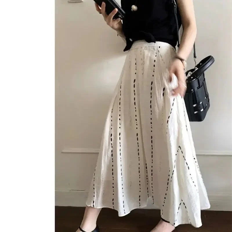 ฤดูร้อนใหม่ภาษาฝรั่งเศสคํากระโปรงผู้หญิงวินเทจแฟชั่นลายพิมพ์สูงเอว Casual หลวม A-Line Midi กระโปรง Elegant Jupe