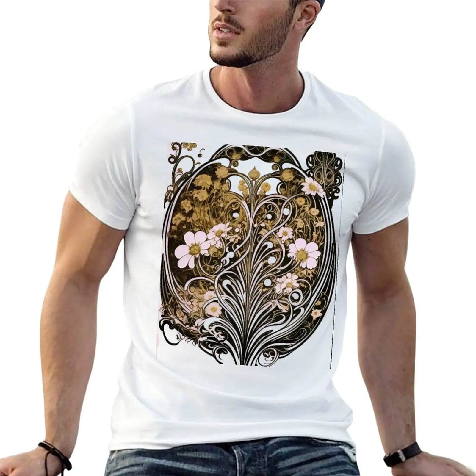 Vintage Art Nouveau Alphonse Mucha Classical Nature Flower Print T-Shirt Outdoor Activity Sports T-Shirt