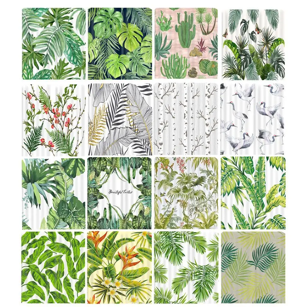 Digital Print Green Leaves Shower Curtain Liner Water Repellent Fabric with Hooks for Bathroom Decor