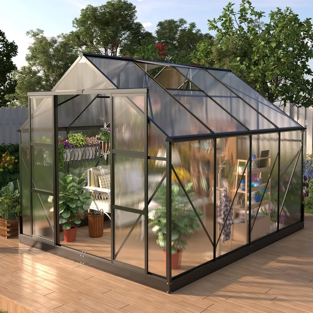 8x10x7.5 FT Polycarbonate Greenhouse 2 Sliding Doors 2 Vent Window Walk-in Premium Greenhouse Storage Shed Outdoor.