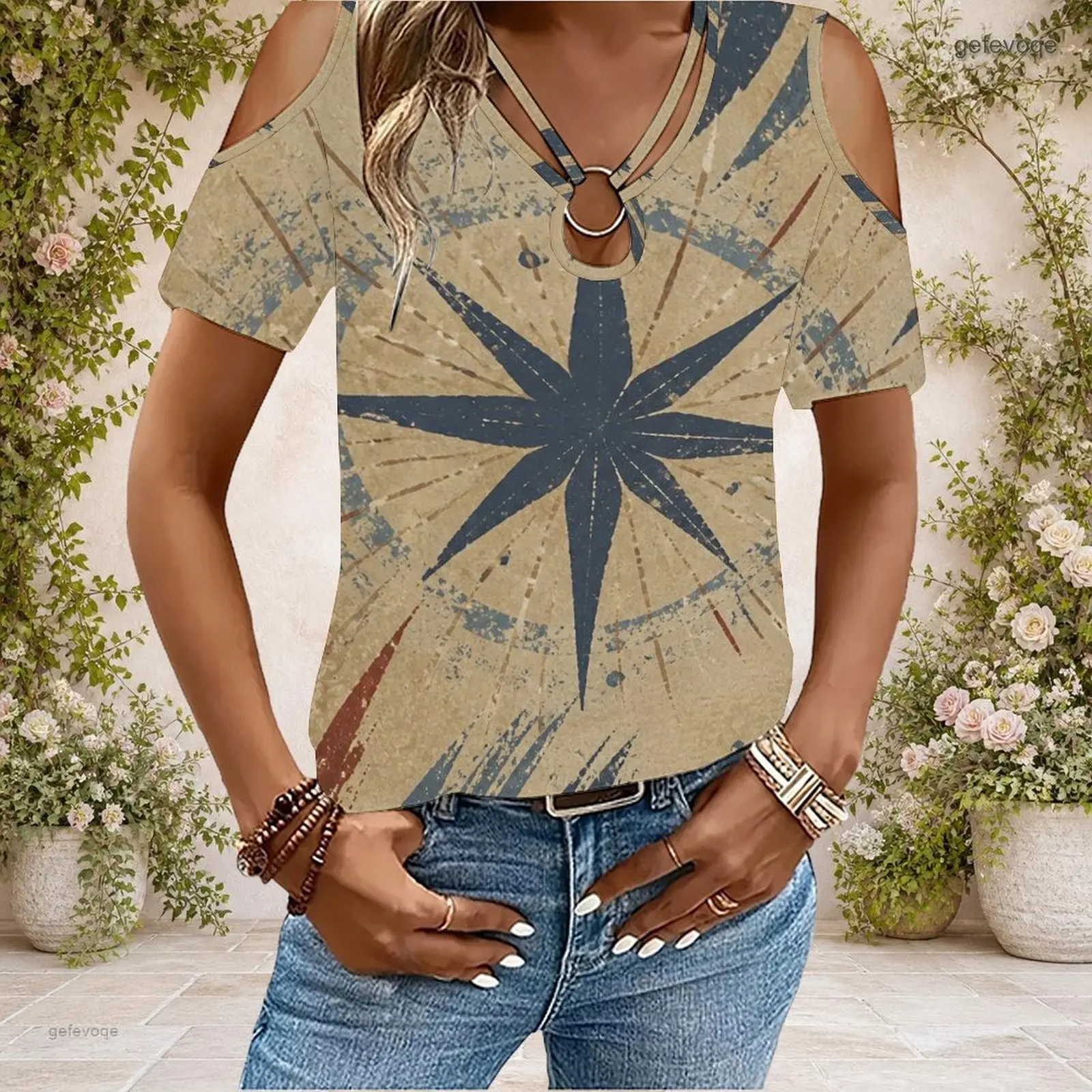 Women Cold Shoulder Short Sleeve T Shirt V Neck O Ring Keyhole Cutout Loose Casual Top Custom Print Ladies Daily Blouse - view 4