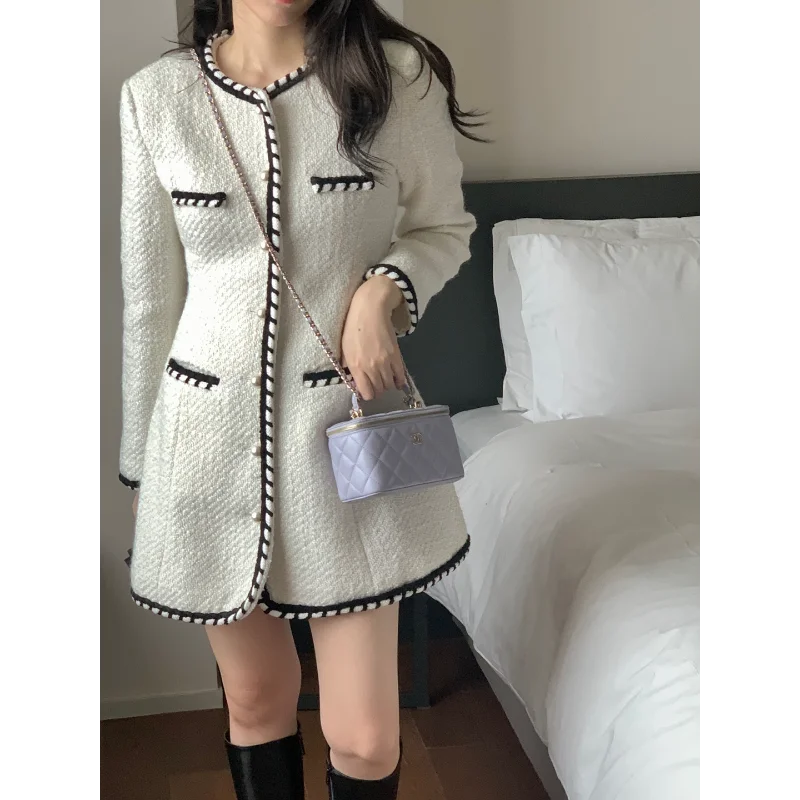 

White Small Fragrance Contrast Edge Round Neck Dress Women Elegant Vintage One-piece Long Sleeve Tweed Black Chic Mini Dress