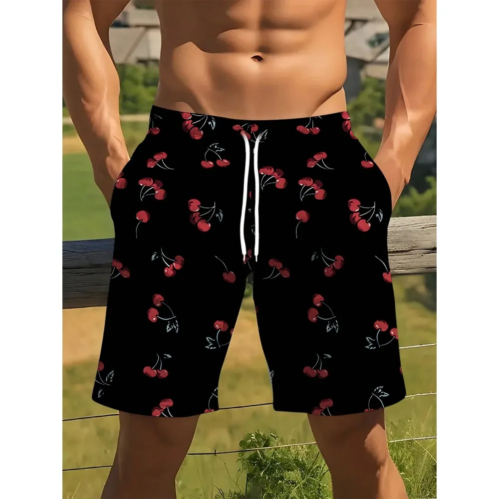 

Black Background Red Cherry Men's Shorts, Skin-Friendly Woven Fabric, Sweet Fun Style, Suitable For Streetwear And Daily Leisure Wear In Summer, Great For Fun Gifting, Black Background With All-Over Red Cherry Pattern Shorts