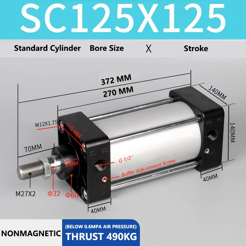 

Стандартный пневматический цилиндр ABILKEEN SC125X125, диаметр отверстия 125 мм, ход X 125 мм, воздушный стандартный цилиндр двойного действия