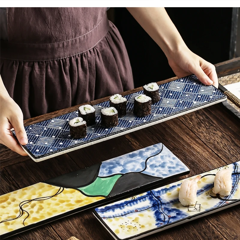 

16-inch Japanese-style Ceramic Painted Strip Food Sushi Rectangular Sashimi Dessert Dishtableware