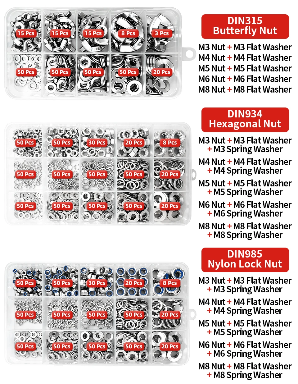 Edelstahl-Mutter-Flachfederscheiben-Kombinations-Box-Set SS304 M3-M8 DIN934DIN985DIN1587DIN315 Sechskant-Sicherungskappe Flügelschrauben-Set – Detail 4