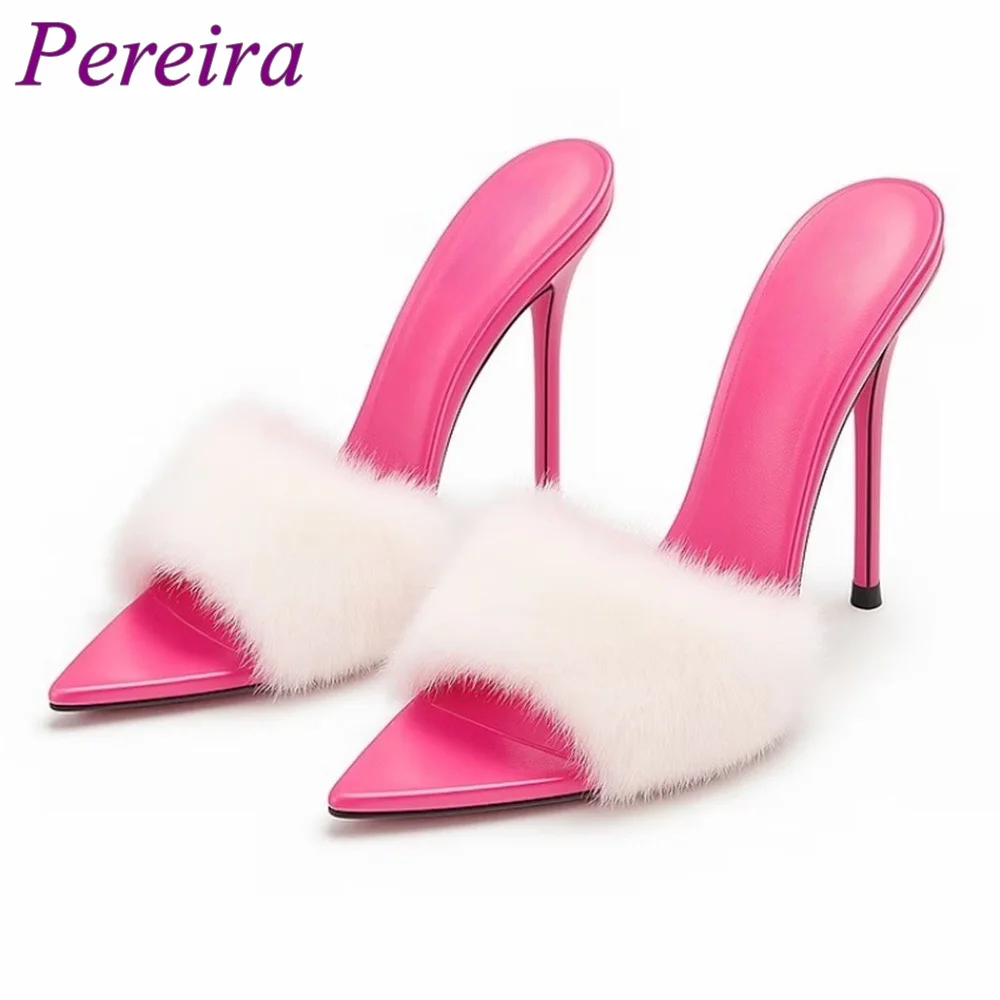 

Летние меховые туфли-мюли с острым носком на шпильке, розовые, нюдовые, красные, роскошные, разноцветные, для банкетов