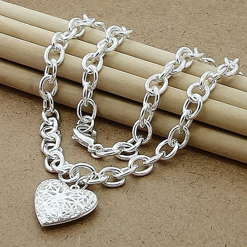 

925 Sterling Silver Photo Frame Heart Pendant Necklace 18 Inch Chain For Women Wedding Engagement Fashion Jewelry