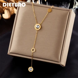 DIEYURO 316L Stainless Steel Roman Numeral Dial Zircon Long Pendant Necklace For Women Fashion Girls Clavicle Chain Jewelry Gift