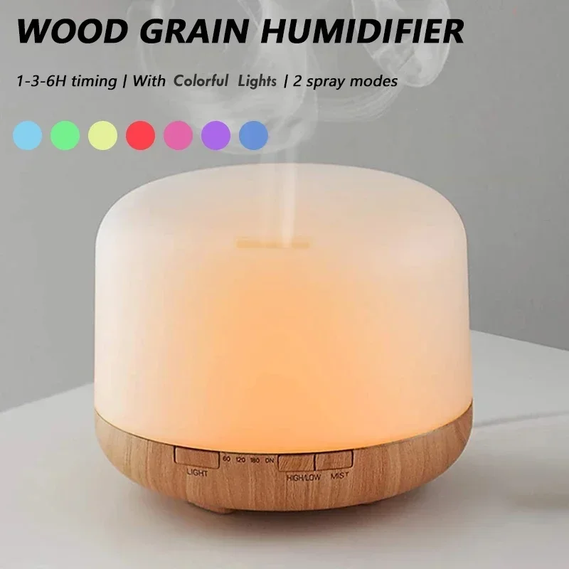 Mini diffuseur d'arôme de Grain de bois, humidificateur d'huile essentielle USB 500ml avec veilleuses colorées pour maison, chambre à coucher, voiture