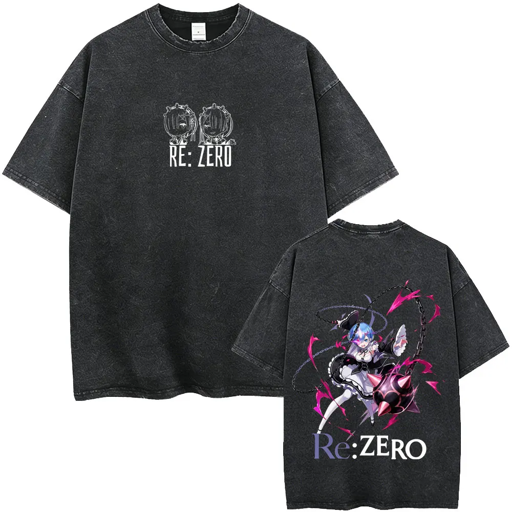 Washed Vintage Anime Re:ZERO Starting Life in Another World T Shirt Funny Cute Rem Ram Graphic T-shirt Men Women Manga T-shirts