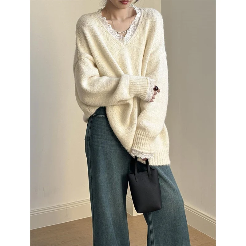 

Harajuku кружевной лоскутный пуловер с v-образным вырезом, женский свитер, осень 2022, ретро, большой вязаный свитер, корейские вязаные джемперы, женские