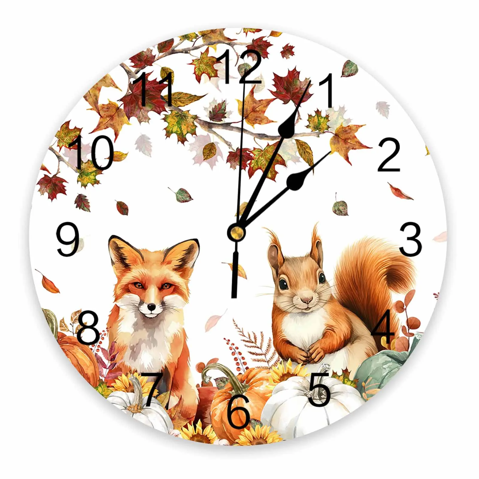 

Thanksgiving Autumn Maple Leaf Pumpkin Fox Squirrel Wall Clock Modern Silent Clock Living Room Home Decor Wall Hanging Watch