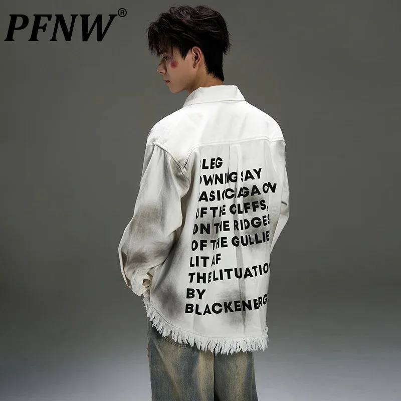 

PFNW Back Letter Print Failure Design Chic Denim Jacket Men High Street Lapel Tassel Rough Edge New Hip-hop Tops Autumn 28W4315