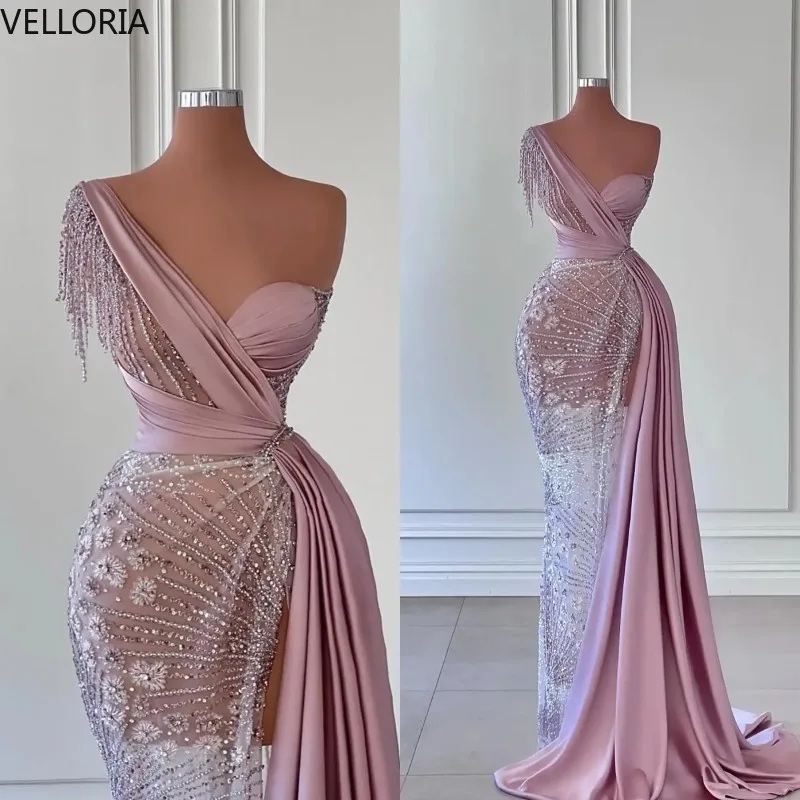

Crystals Mermaid Prom Gowns One Shoulder Sleeveless Evening Dresses Beadeds Celebrity Party Dress Vestdos De Fiesta Customized