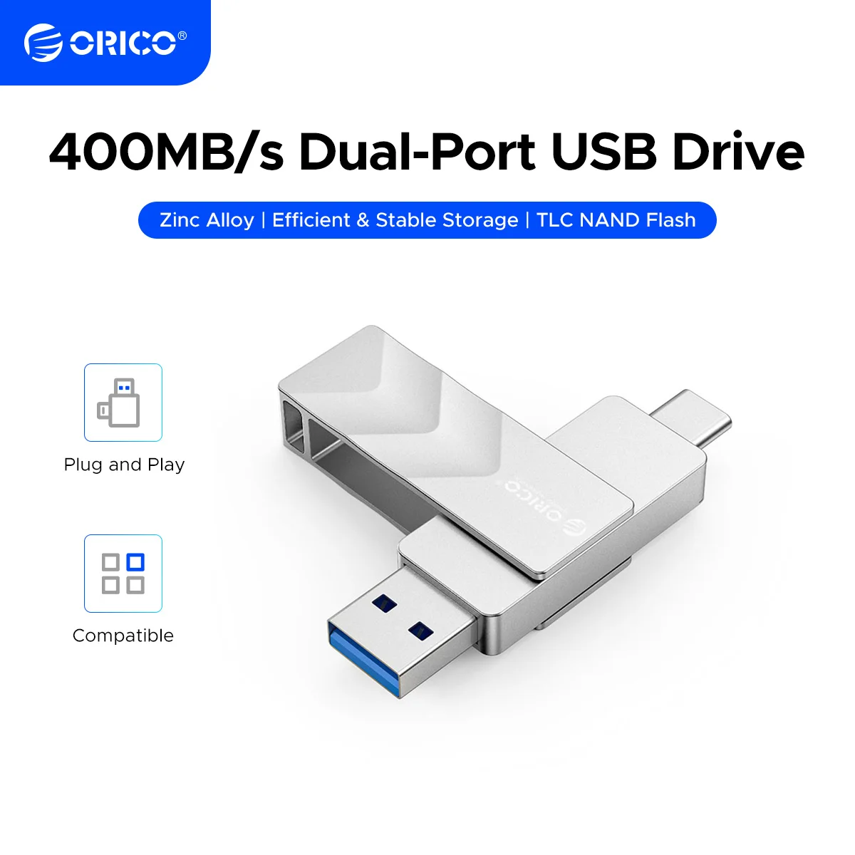 ORICO Dual USB Flash Drive TLC Flash USB-C and USB-A Mini Thumb Drive Read Speed Up to 400MB/s for iPhone 15/16/17 Series