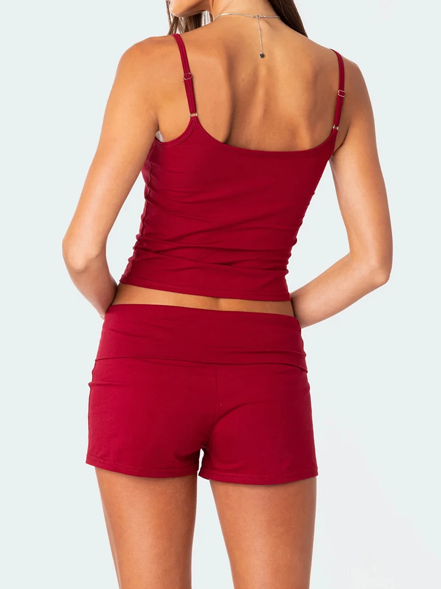 Women's 2 Piece Pajama Set Sleeveless Letter Print Cami Tops Red Casual Shorts Sleepwear Sets