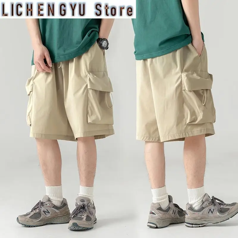 Men'S Casual Loose Fit Cargo Shorts With Elastic Drawstring Waistband Summer Breathable Workwear Sporty Outdoor Shorts