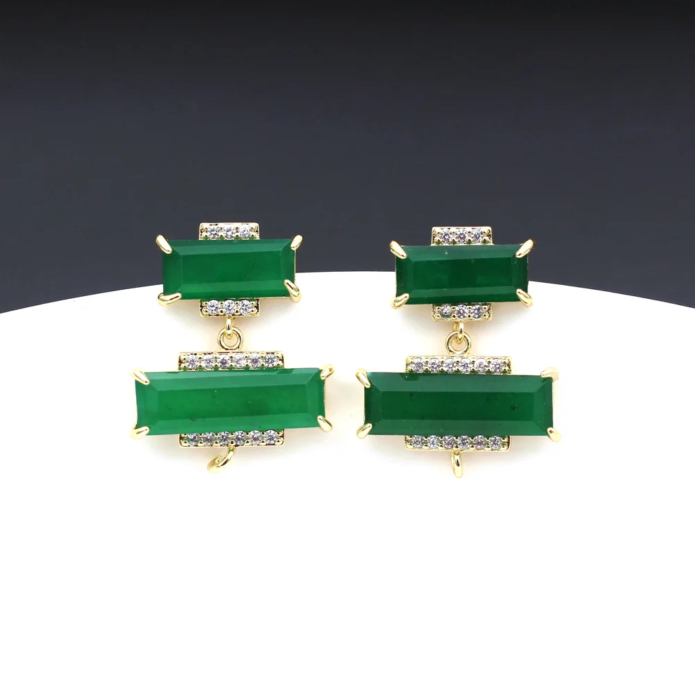6pair Rectangle Geometric Shape CZ Prongs Earrings Post Natural Red Green Black Stone Studs Connectors Open Loop DIY Jewelry