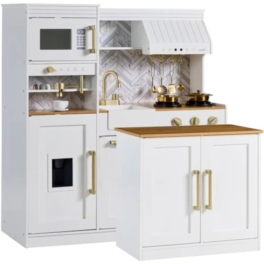 

Pretend Play Kitchen for:Wooden Toddler Playset with Island, Espresso Machine, 17 Accessories White, Interactive, Durable