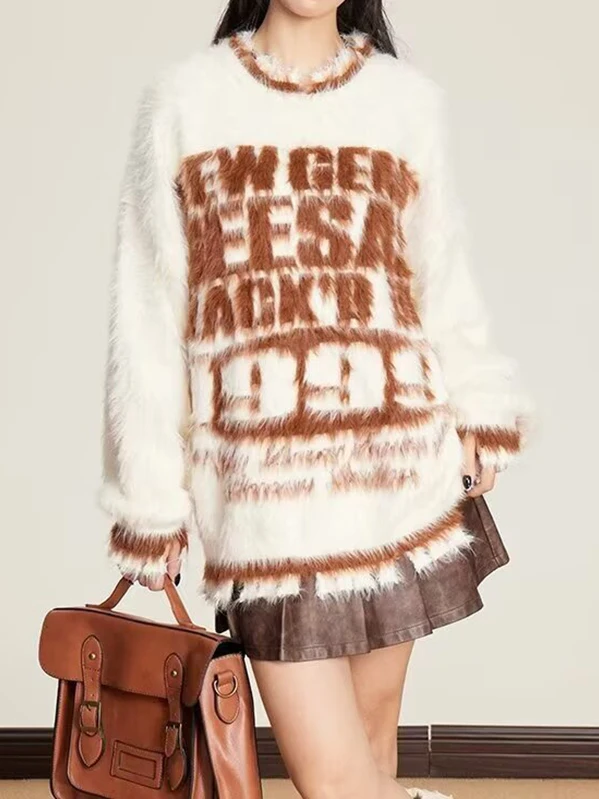 

Американский ретро-свитер Camere с вышивкой букв ex Свободный вязаный зимний модный брендовый мягкий длинный круглый свитер для пар...