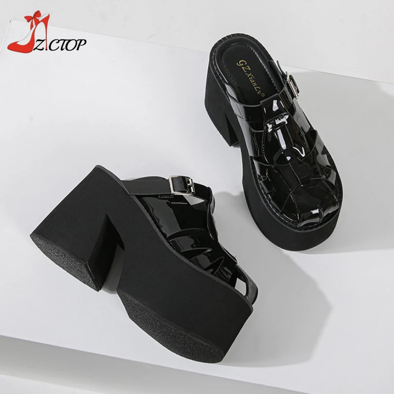 New Platform Chunky Heels Sandals Women Closed Toe High Heel Mules Slip On Goth Punk Shoes Female Summer 2024 Big Size 42 43