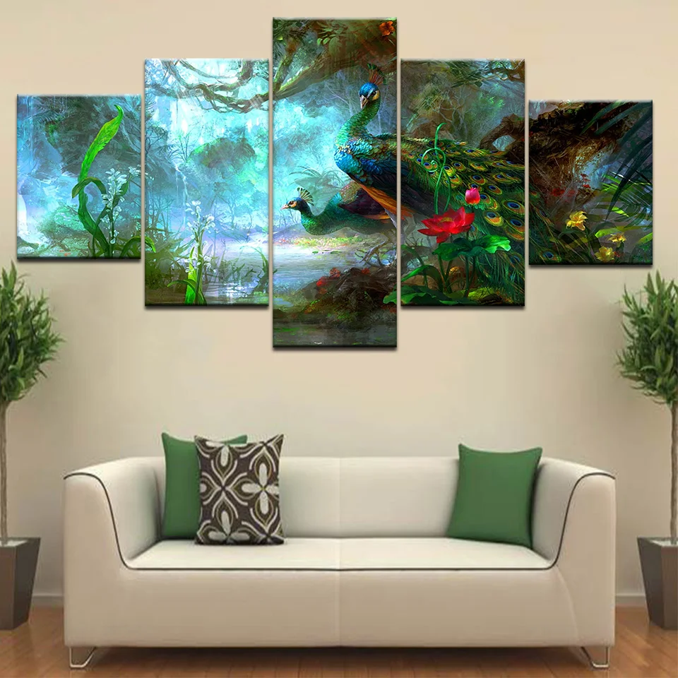 

Two Peacock Forest Landscape Poster Painting 5 Piece Wall Art Canvas Living Room Picture Print Bedroom Wallpaper Home Decoration