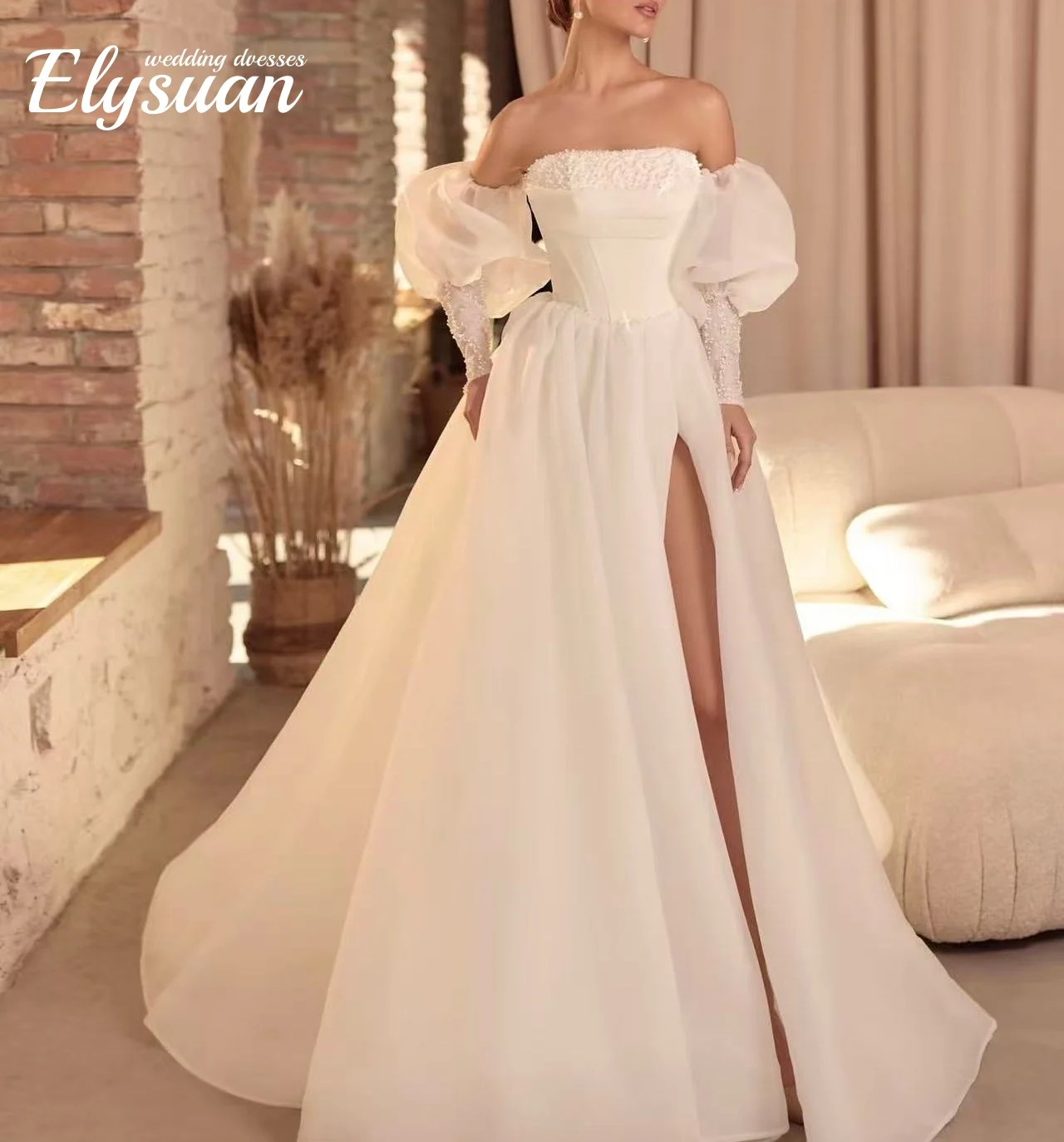 Personalizado desmontable mangas largas con cuentas sin tirantes Organza una línea vestidos De novia con abertura lateral Corst hecho a medida Brial Vestido De