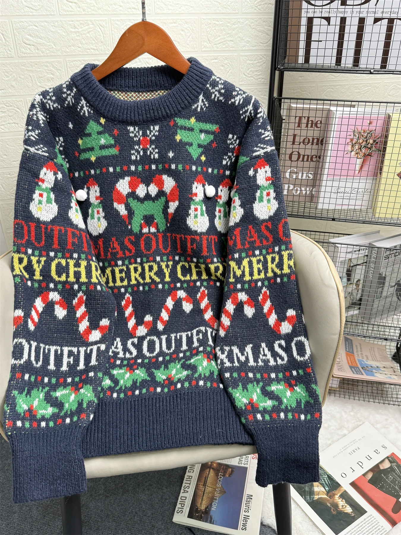 2025 Autunno Inverno Natale Nuovo Color-Block Top lavorato a maglia Girocollo Casual Retro Maglione a maniche lunghe allentato per le donne