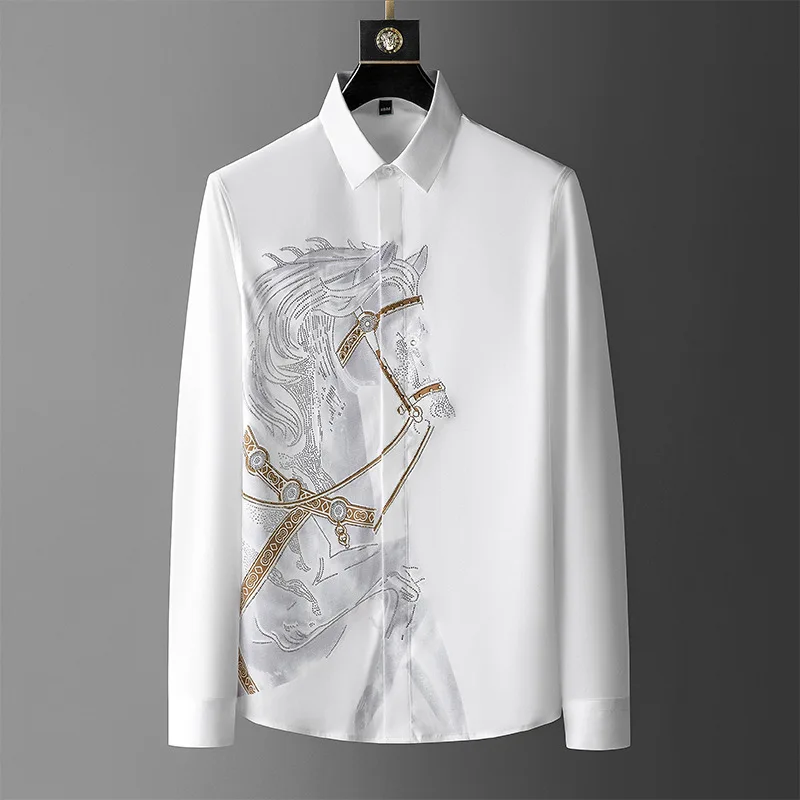 Men's Fashion Long Sleeve Shirt with Iron On Diamonds Skinny Fit Crease Resistant