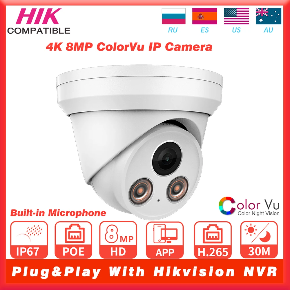 

4K 8МП IP-камера ColorVu с ночным видением, камера видеонаблюдения со встроенным микрофоном, Plug&Play, совместима с HIK NVR Hikvision